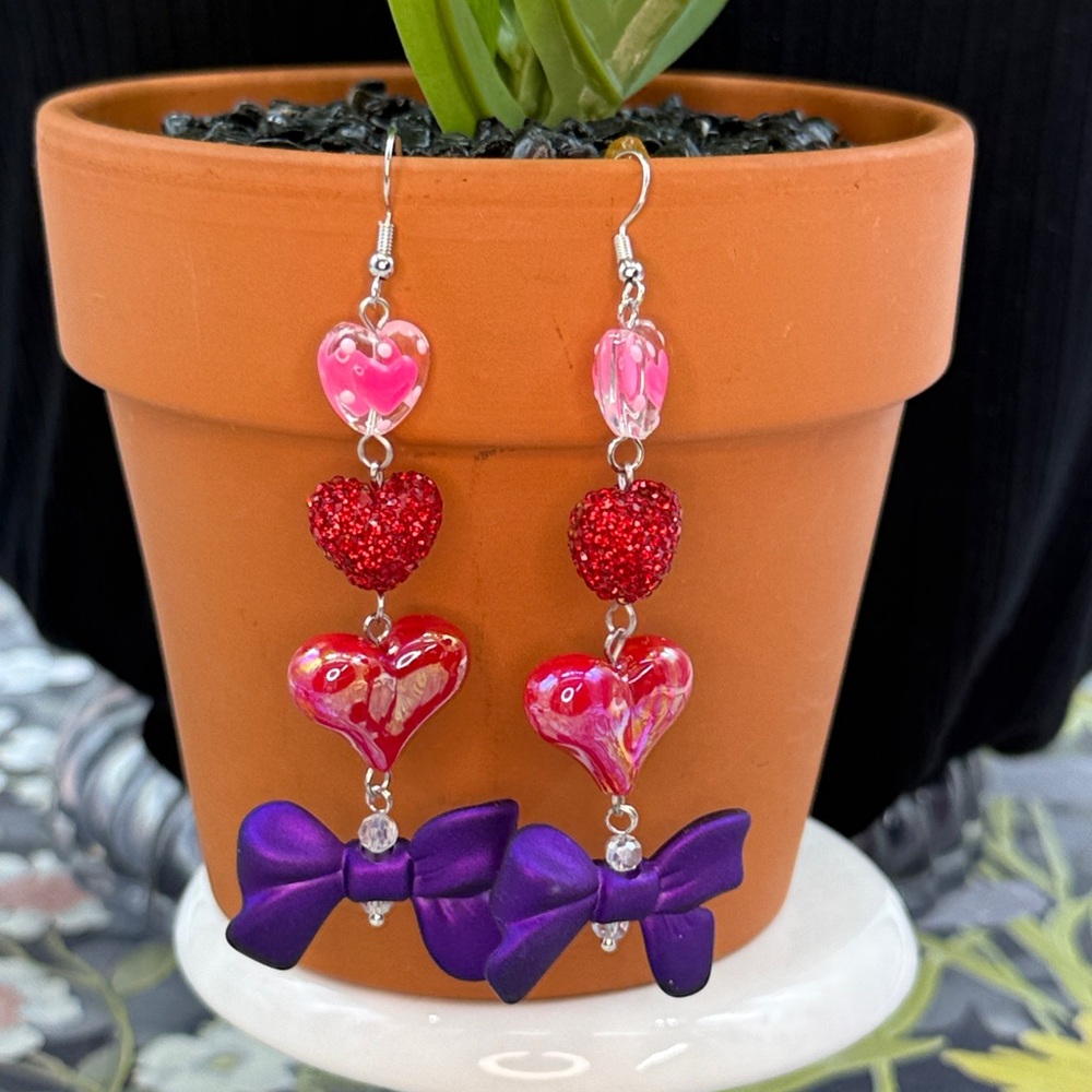 👑Adorned Crown Jewelry pink heart glitter red bows Valentine's Day earrings